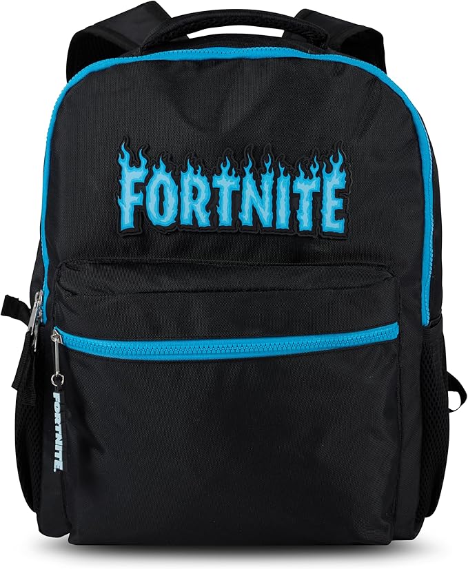 Fortnite Backpack for Kids & Adults, 16” Bookbag with Fortnite Rubber Molded Flame Logo 3D Patch & Rubber Logo Dangle, Black