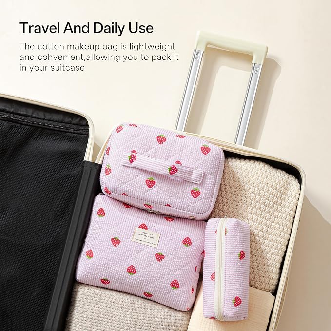 HBselect Quilted Makeup Bag, 3Pcs Cotton Large Travel Makeup Bags Organizer | Cute Floral Make up Bag Cosmetic Bag Toiletry Bag for Women Girls, Makeup Pouch for Skincare, Brushes & Travel Essentials