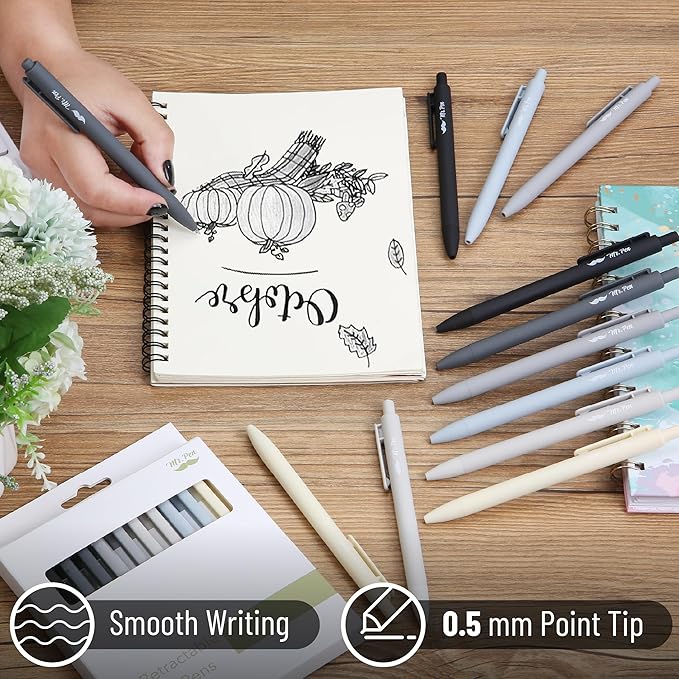 Mr. Pen- Retractable Gel Pens, 12 Pack, Black Ink, Monochrome Elegance Barrel, Fine Point 0.5mm, Fast Dry, Smooth Writing, Cute Pens for Drawing, Writing Planner and School Supplies