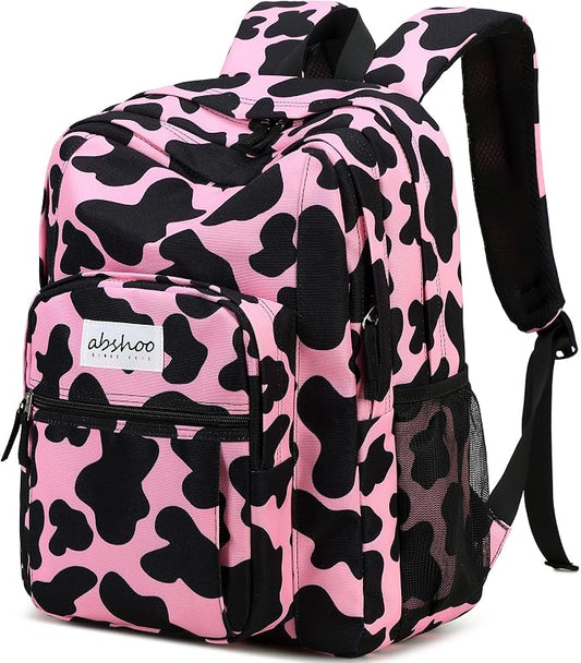 abshoo Classical Basic Cow Print Womens School Backpack For College Teen Girls Water Resistant Bookbag (Cow Pink)