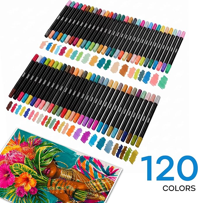 120 Dual Tip Acrylic Paint Markers Set | Colored Markers with Brush Tip | Art Markers for Adults | Acrylic Paint Pens for Rock Painting, Canvas, Glass, Wood, Ceramic, DIY Crafts, Fabric