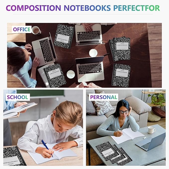 Yeplan Composition Notebooks 5 pack, Wide Ruled Notebook Paper, 9 3/4" x 7 1/2", 80 Sheets/160 Pages, Aesthetic Marble Composition Notebook for School & Office Supplies (5, Black)