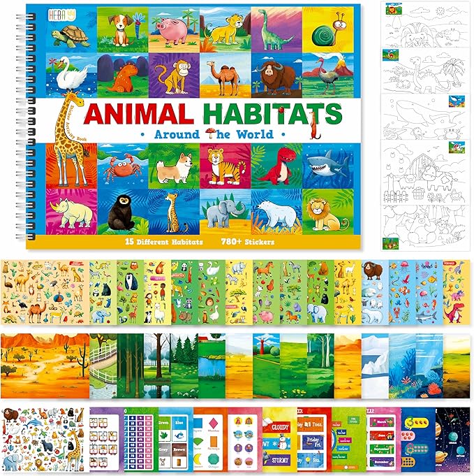 Animal Habitat Sticker Book, 780+ Stickers & 15 Animal Habitat Scenes, Side By Side Activity Book Funny Sticker Books Educational Game- Great for Toddlers, Kids, Boys & Girls