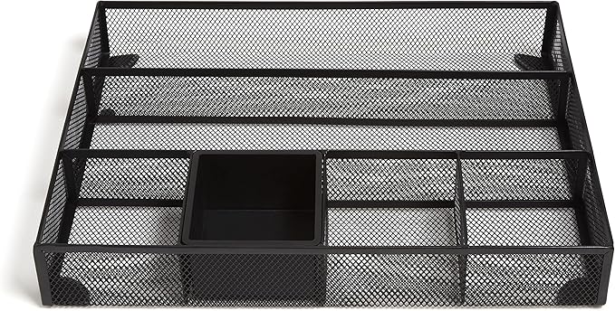 TRU RED Mesh Drawer Organizer, 6‑Compartment, Matte Black – Desk & Drawer Storage for Office Supplies