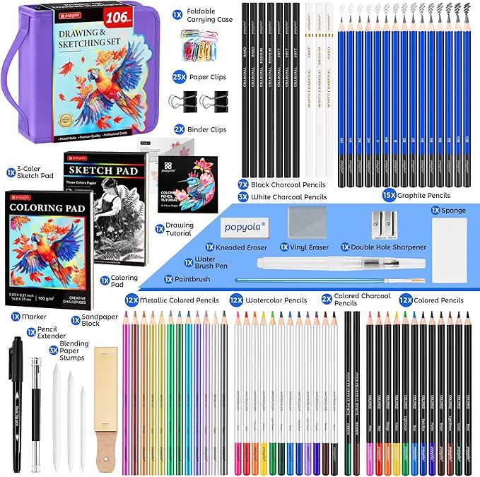 106 Pack Art Supplies Sketching Kit with 3-Color Sketchbook, Coloring Book, Tutorial, Graphite Colored Charcoal Watercolor & Metallic Pencils, Drawing Supplies Gift Case for Artists Beginners Adults