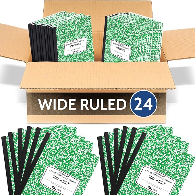 24 Pack - EPI Wide Ruled Marble Composition Notebook - Green 200 Page Note Book - 9.75 x 7.5 Inch Hardcover Journal with Sewn Binding for Secure Pages - Classroom Back to School Supplies