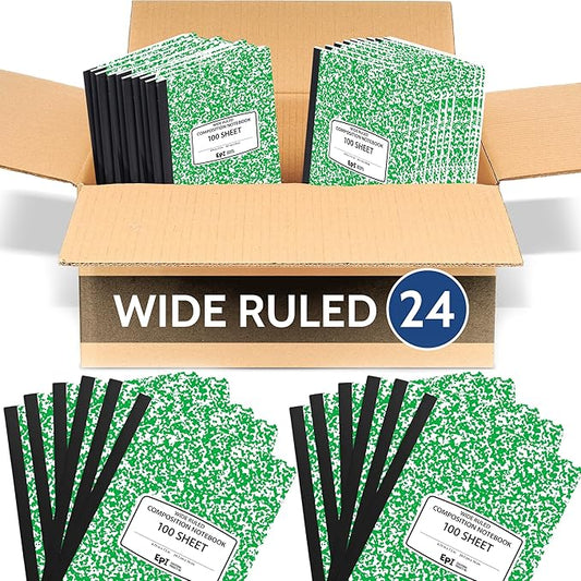24 Pack - EPI Wide Ruled Marble Composition Notebook - Green 200 Page Note Book - 9.75 x 7.5 Inch Hardcover Journal with Sewn Binding for Secure Pages - Classroom Back to School Supplies