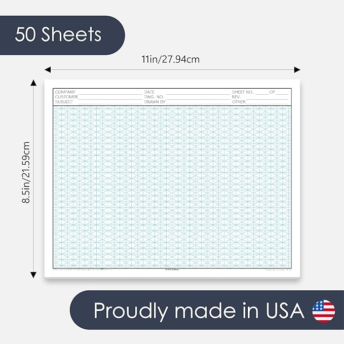 GeekNavy 8.5" x 11" Isometric Graph Paper 50 Sheets Landscape - 0.25" Grid, Non-photo Blue, High Brightness, Drafting, Engineering, Art, 3D Design (1-Pack)
