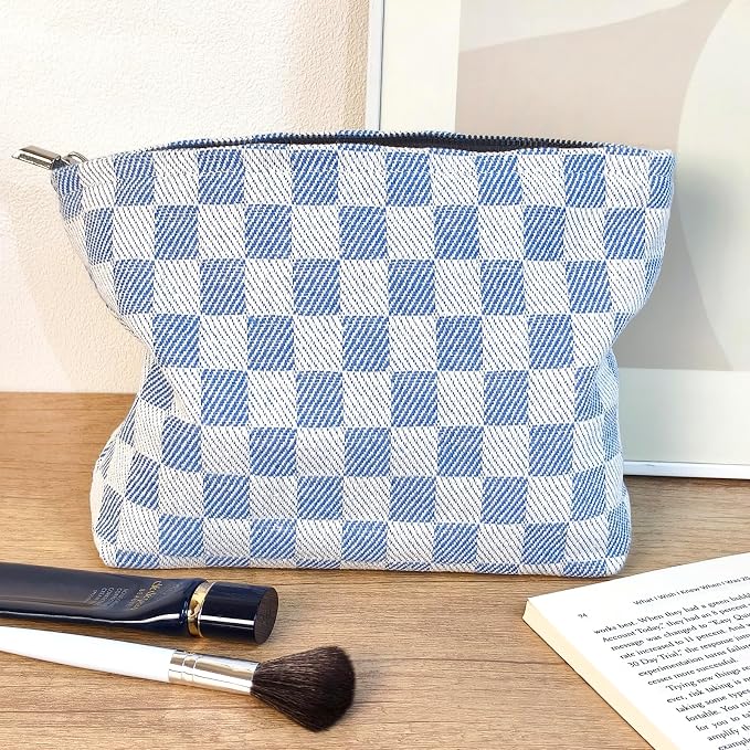 STARDW Checkered Makeup Bag Cosmetic Travel Bag, Toiletry Bag for Women | Canvas Lined Makeup Pouch for Skincare, Brushes, Toiletries & Travel Essentials, Cute Purse Organizer Pouches with Zipper