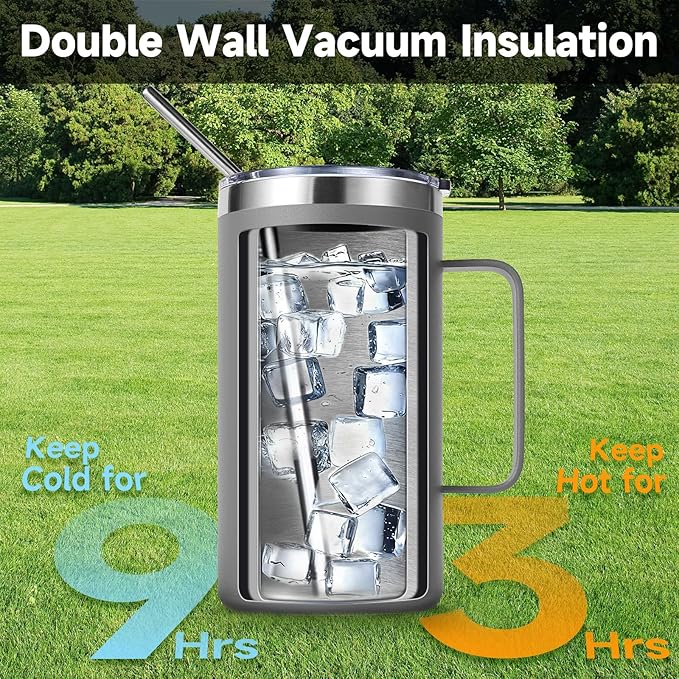 Volhoply 22oz Insulated Stainless Steel Coffee Mugs with Leakproof Lid Bulk 2 Pack,Double Wall Vacuum Travel Coffee Cup with Handle,Reusable Metal Tumbler,Camping Mug Keep Hot&Cold(Gray,2)