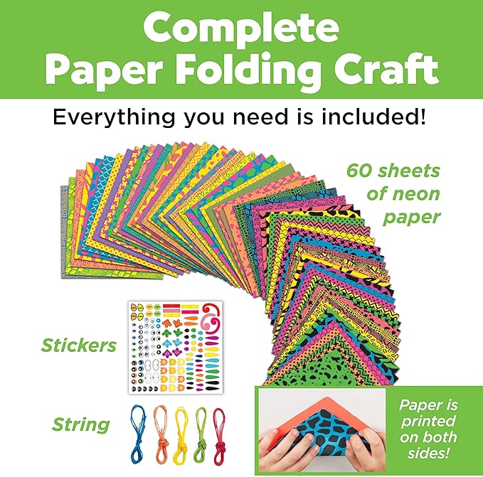 Creativity for Kids Origami Kit, 60 Bright Origami Papers, DIY Arts & Crafts for Kids, Neon Origami Animals, Video Tutorial Online (Ages 7+)