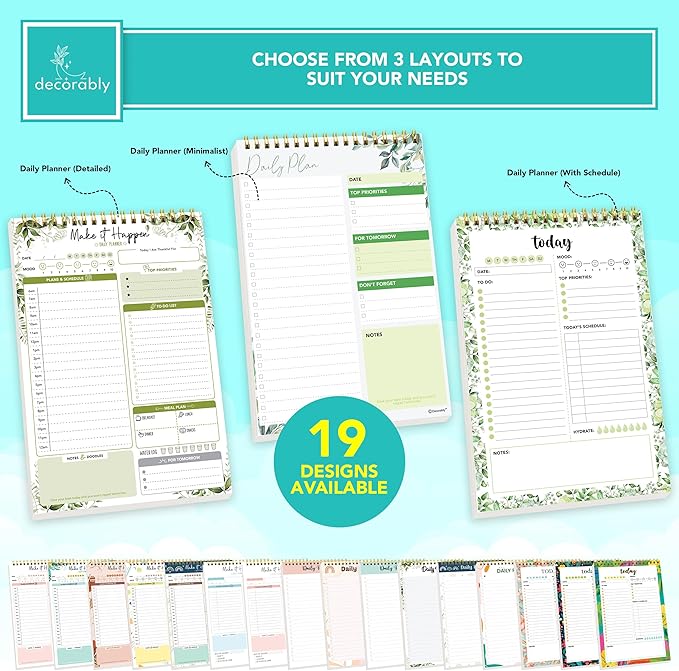 Decorably 52 Sheets Forest Green Undated Daily Schedule Notepad - 6.5x10in Spring-Bound, Easy Tear-Off, to Do List, Schedule, Priorities, Agenda, Water Intake, Meals, Notes and Doodles - Home, Office