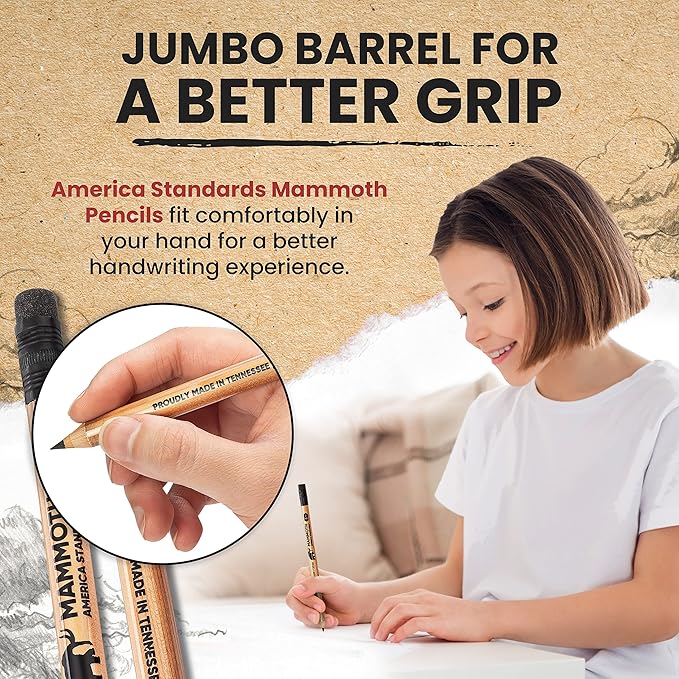 Mammoth Jumbo Pencils - 12 Pack, American-Made Cedar Pencils for Preschoolers, Kids, Carpenters, Handymen, People with Hand Issues, Comfortable Grip, Break-Resistant Graphite Core, Smudge-Free Eraser