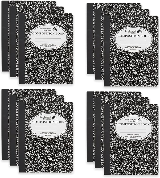 Blue Summit Black Composition Notebook, Black and white Composition Notebook Wide Ruled, Marble, 100 Sheets per Book, 12 Pack