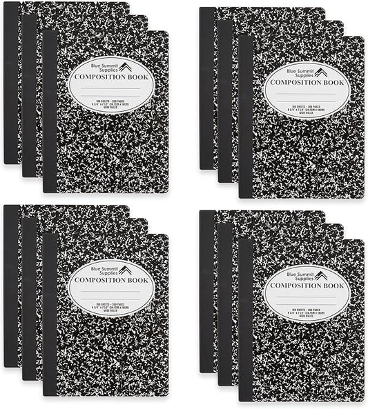 Blue Summit Black Composition Notebook, Black and white Composition Notebook Wide Ruled, Marble, 100 Sheets per Book, 12 Pack