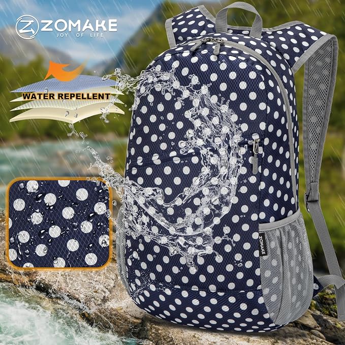 ZOMAKE Lightweight Packable Backpack 20L, Foldable Small Daypack for Hiking | Water Resistant Backpacks Day Bag for Travel Outdoor Camping Sport, Everyday Carry, Multiple Pockets(Blue, White Polka Dot)