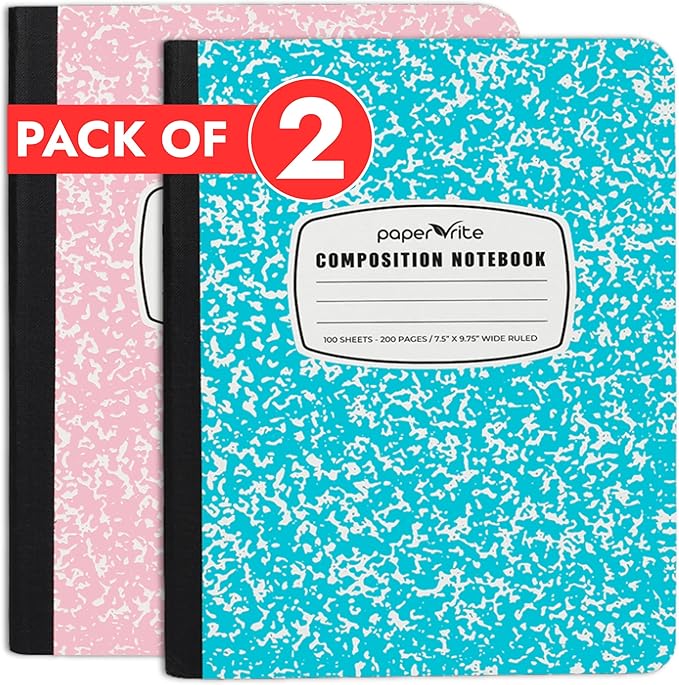 Assorted Marble Composition Notebook Wide Ruled (9.75x7.5 in), 100 Sheets | 200 Pages | For School, Office, Students, Teachers (2, Blue & Light Pink)