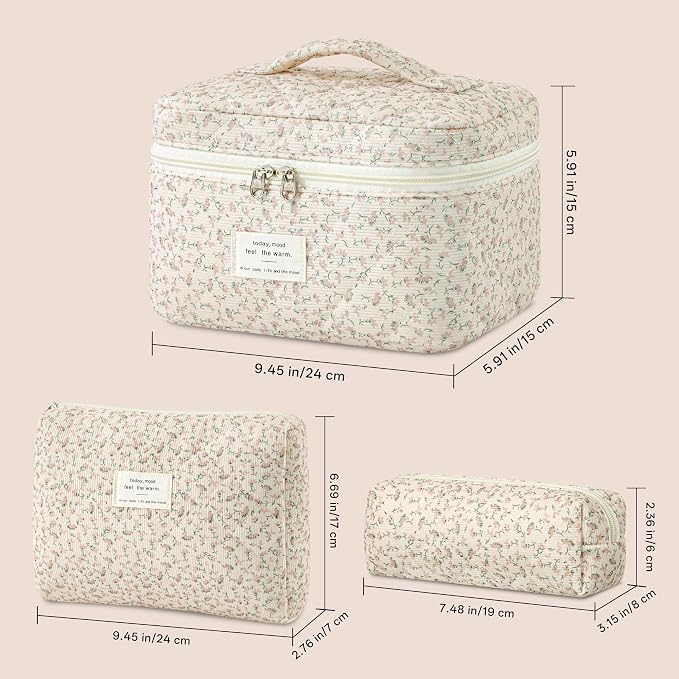 HBselect Quilted Makeup Bag, 3Pcs Cotton Large Travel Makeup Bags Organizer | Cute Floral Make up Bag Cosmetic Bag Toiletry Bag for Women Girls, Makeup Pouch for Skincare, Brushes & Travel Essentials