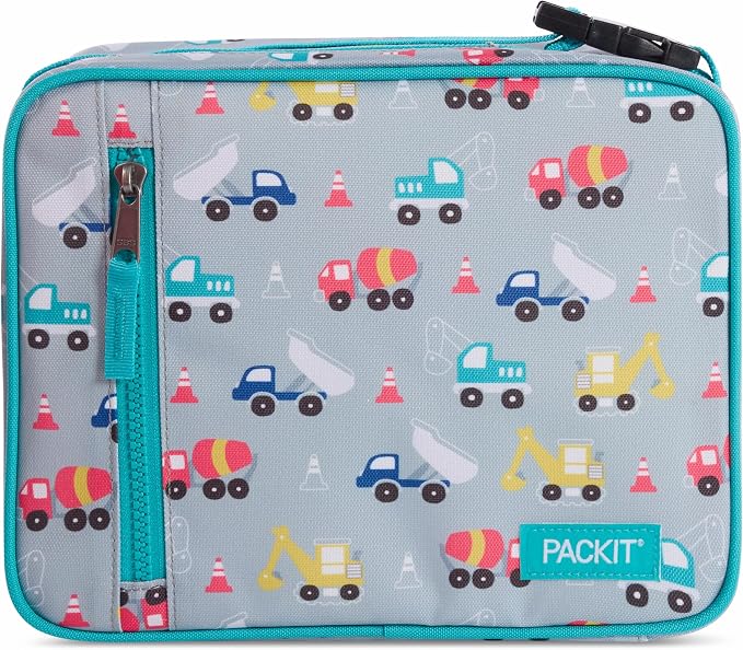 PackIt Freezable Classic Lunch Box, Construction Trucks | Built-in ice packs, EcoFreeze+ Technology, Zip Closure, Zip front pocket, Side-release buckle handle, Collapsible, Reusable