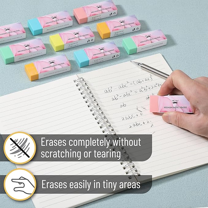 Mr. Pen- Pencil Eraser, 10 Pack, Large Latex Free Vinyl Block Erasers for School, Office, Art Sketching, Homework, Exams, Clean Smudge-Free Correction, Bright Colors