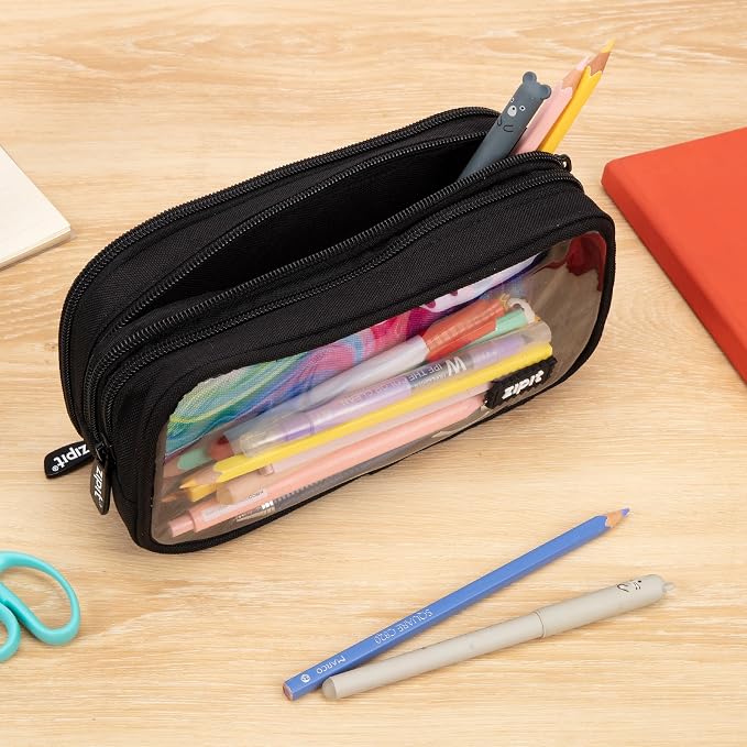 ZIPIT Half & Half Pencil Case, 3-Compartment Aesthetic Zipper Pouch, Black | Clear-front pencil case for school, dedicated organizer panels, holds up to 70 pens & pencils, durable easy-care polyester