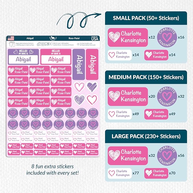 Personalized Waterproof Name Labels for Kids | Optional Packs 50, 150, 230 Labels | Custom Name Stickers for Kids' Clothing Tag, Water Bottle, Lunch Box, Customize Kid Name Label for Daycare Hearts