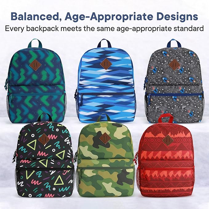 24-Pack 17" Bulk Backpacks for Middle School Students, Bookbags in 6 Assorted Prints, Durable School Backpacks for School Drives, Donations, and Giveaways