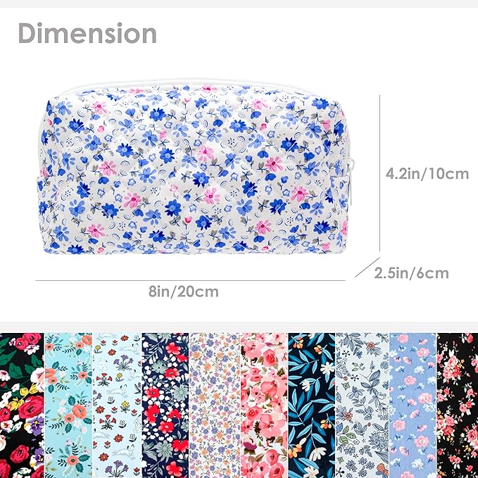 PAZIMIIK 6PCS Vintage Quilted Makeup Bag SET Cosmetic Pouch for Brushes Pencils and Travel Make Up Accessories for Women and Girls Flower Blue