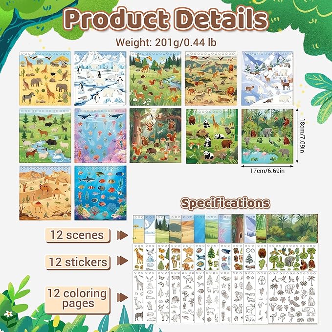 Animal Sticker Book for Toddlers 2-4 Years Sticker Activity Book for Kids with 12 Scenes & 12 Coloring Pages Toddler Travel Essential Quiet Time Activities
