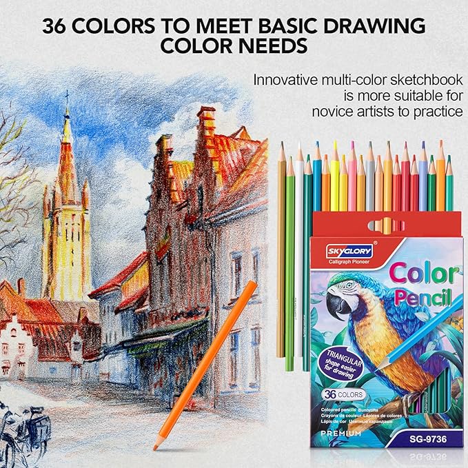 Drawing Sketchbook Kit, Sketch Book with 36 Color Pencils, Three Color Black Sketch Pad, Acid-Free Drawing Pad for Artist, Art Paper Painting Supplies for Gifts (9×12 inch)
