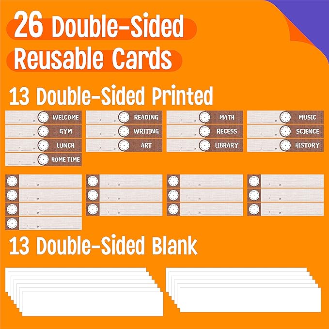 Daily Schedule Pocket Chart, Burlap Classroom Chart with 13+1 Pockets, 26 Reusable Cards (13 Double Sided Printed Cards & 13 Blank Ones) plus 2 Metal Mounting Hangers (Burlap, 13” x 36”)