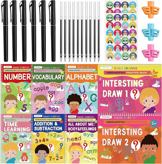 Golinkid Magic Grooved Writing Practice, grooved Handwriting Practice for Kids 8 Books, Preschool workbook for Ages 3-10 with 6 Magic pens 10 Ink Refills, 3 Pencil Grips for Kids Handwriting