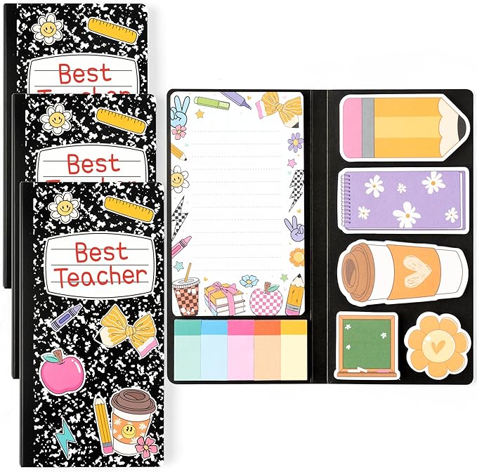 B1ykin Best Teacher Sticky Notes Set - Black Composition Line Teacher Self-Stick Notes Pad, 550 Sheets Writing Memo Pages Sticky Notepad for Teacher Appreciation Gifts, School Office Supplies (3Pcs)