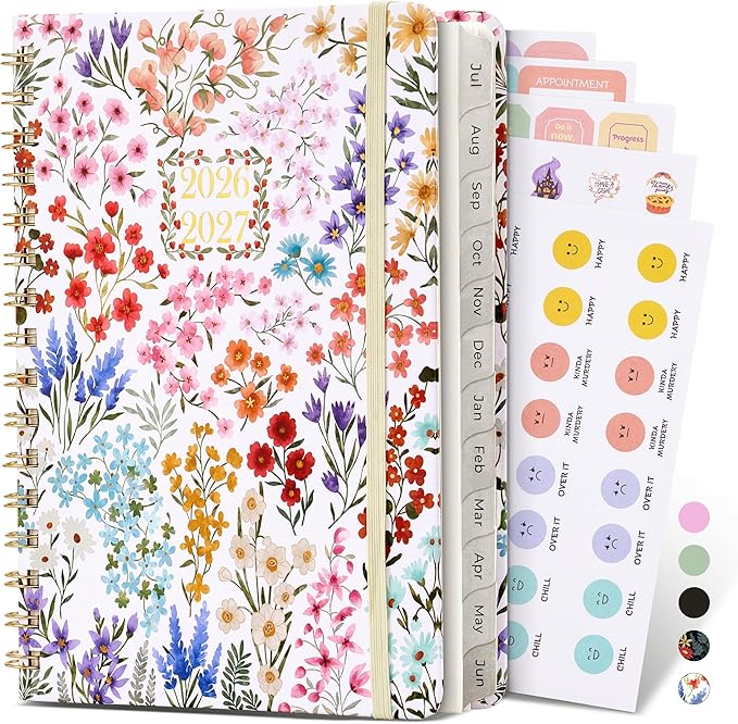 JoyCat 13-Month Academic Planner 2026-2027, June 2026 - June 2027, A5 Weekly & Monthly Planner, Hardcover Agenda with Tabs, 5 Sticker Sheets, Elastic Closure & Pocket for Teachers & Students, 6.3" x 8.5", Wildflower