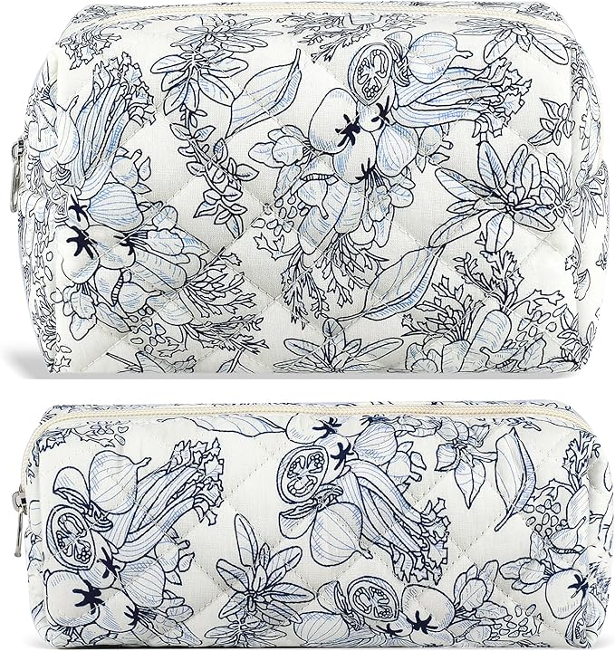 URSKYTOUS 2Pcs Floral Makeup Bag for Women Cotton Quilted Coquette Cosmetic Bag Cute Zipper Black Flower Makeup Pouch Aesthetic Portable Pencil Pouch Travel Toiletry Bag Trendy Cloth Skincare Bag