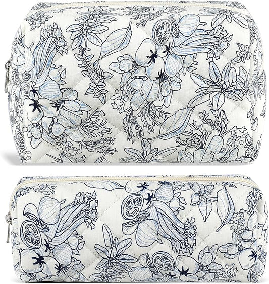 URSKYTOUS 2Pcs Floral Makeup Bag for Women Cotton Quilted Coquette Cosmetic Bag Cute Zipper Black Flower Makeup Pouch Aesthetic Portable Pencil Pouch Travel Toiletry Bag Trendy Cloth Skincare Bag