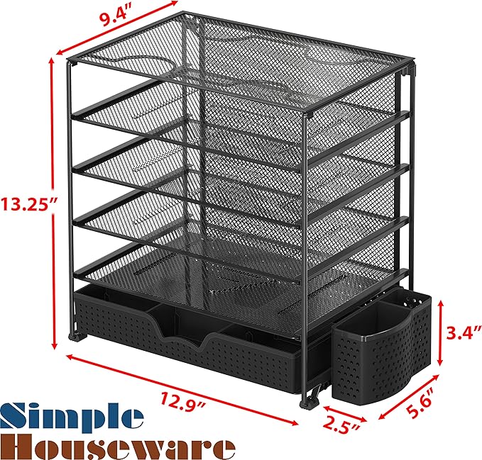 Simple Houseware 5-Tier Document File Tray with Sliding Drawer and Pen Bucket, Black