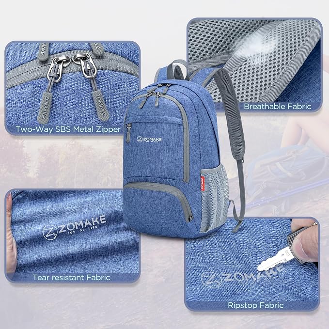ZOMAKE Lightweight Packable Backpack, 20L Small Foldable Daypack for Hiking | Water Resistant Collapsible Backpacks for Women Men, Everyday Carry, Multi Compartment Storage,Adjustable Strap(Dark Blue B2)