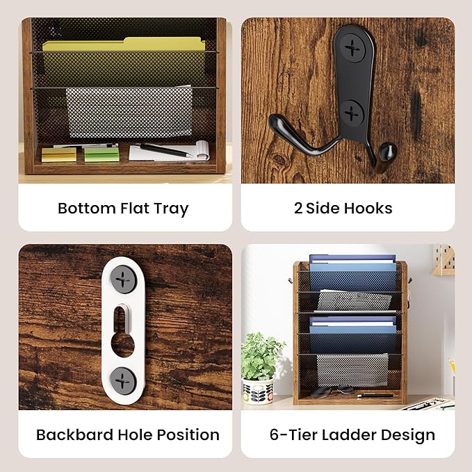 Creso hom Mail Organizer Wall Mounted, 6-Tier Wall File Organizer with 2 Hooks, Wooden Desk Organizer Magazine Holder with Bottom Flat Tray, for Office Home, Rustic Brown