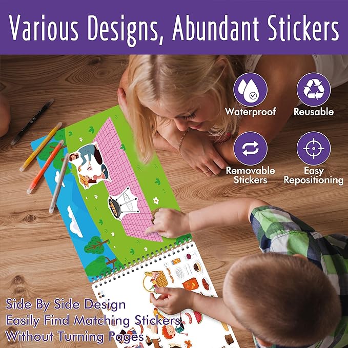 800+ Stickers & 15 Town Scenes Sticker Book, Funny Side By Side All Around Town Sticker Book Educational Activity Games- Great for Toddlers, Kids, Boys & Girls