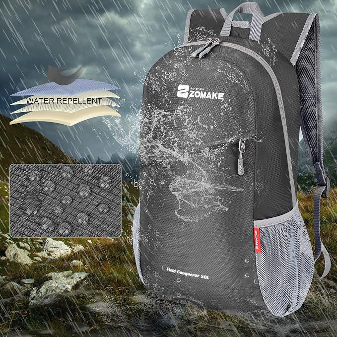 ZOMAKE Lightweight Packable Backpack 20L, Foldable Small Daypack for Hiking | Water Resistant Backpacks Day Bag for Travel Outdoor Camping Sport, Everyday Carry, Multi Compartment Storage(Medium Grey)