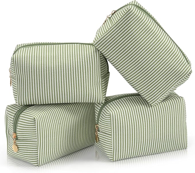 Makeup Bag Set for Women, 4PCS Travel Cosmetic Bags Pencil Case, Striped Seersucker Toiletry Organizer Pouches, Cute Makeup Pouch for Purse, Accessories and Gifts, Green