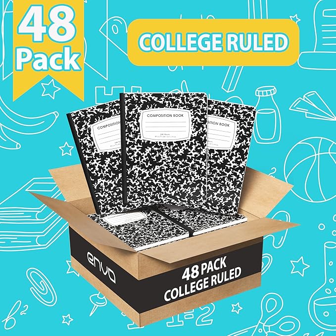 ENVO Composition Notebooks, College Ruled Composition Notebook, Black Marble Covers Composition Notebook, 100 sheets, Bulk (48, College Ruled)