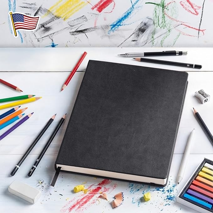 BROWNSTONE JOURNALS A4 Sketch Book Hardcover - 80 Sheets 100 GSM Paper 8.5"x11.5", Lay Flat, Vegan Leather Cover, Elastic Band, Back Pocket, Art Drawing Book (Charcoal Black)