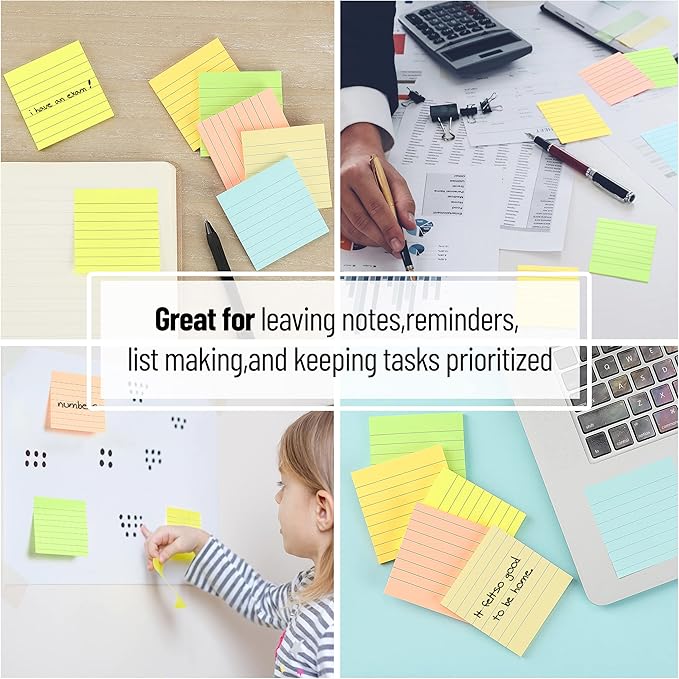 Mr. Pen- Lined Sticky Notes, 3" x 3", 6 Pads, 45 Sheets/Pad, Pastel Color, Sticky Notes with Lines, Ruled Post Stickies, Memo Pads, Self-Stick Note Pad for Office, School, Home, Study & Organization
