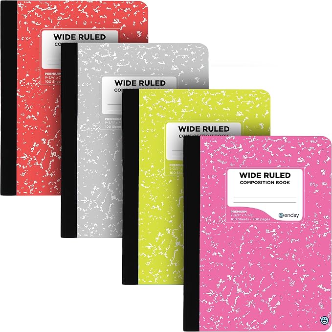 Emraw Composition Notebooks Wide Ruled Paper, Colored Marble Composition Notebook Covers, 100 Sheets (200 pages) Composition Books, Marble Notebooks Wide Ruled, Pink -Red -Grey -Green – by Enday