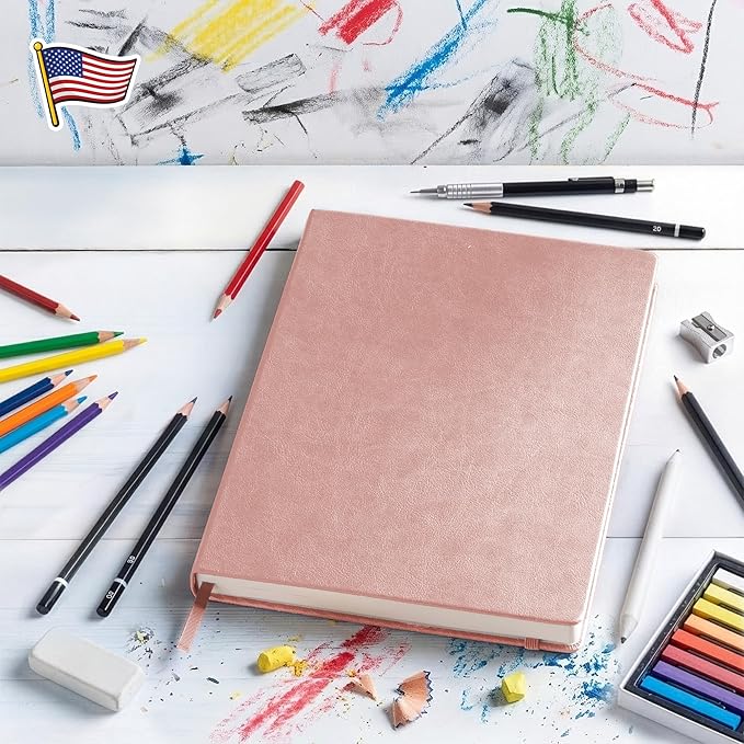 BROWNSTONE JOURNALS A4 Sketch Book Hardcover - 80 Sheets 100 GSM Paper 8.5"x11.5", Lay Flat, Vegan Leather Cover, Elastic Band, Back Pocket, Art Drawing Book (Rose Wood)