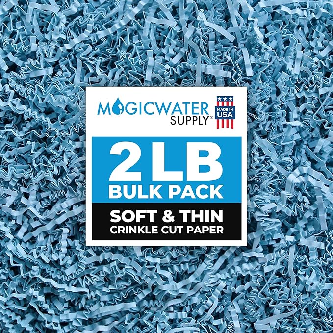 MagicWater Supply Soft & Thin Crinkle Cut Paper - 2 LB - Baby Blue - Paper Shred Filler for Gift Wrapping, Basket Filling, Birthdays, Weddings, Anniversaries, Valentines Day, and other occasions