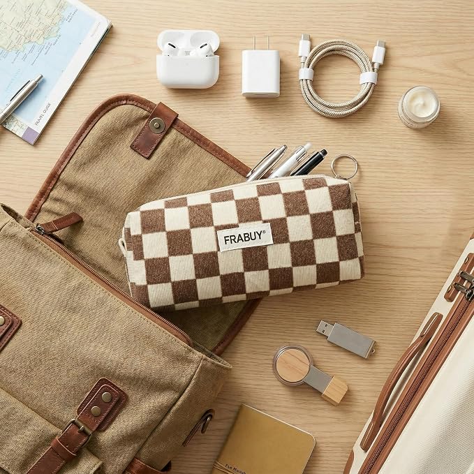 Soft Corduroy Pencil Case Pen Pouch Organizer, Small Stationery Bag | Cute Crown Checkerboard Pouch, Smooth Zipper, Daily Cosmetics Holder, Compact Organizer for School Teen Girls, Women