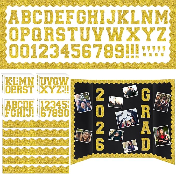 Gold 175 Pcs Graduation Photo Display Board Sticker Glitter Border Trim Alphabet Letter Number for 2026 Grad Party Trifold Poster Photo Display Event Displays Bulletin Board